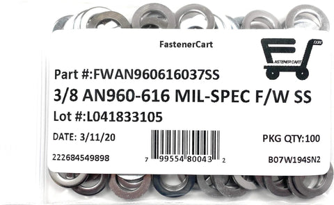 3/8 in Mil-Spec AN960-616 stainless steel flat washers, 100 pcs, FastenerCart
