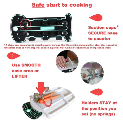 Adaptive Cutting Board With Pins For Safe One Handed Food Prep Slice N Fun showing suction base and vegetable holder