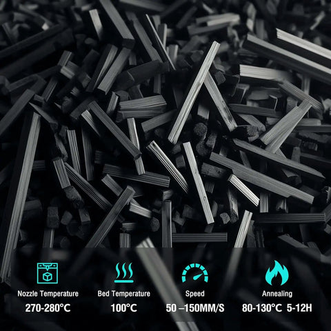 Close-up of Carbon Fiber Reinforced Nylon Filament PA6-CF 1.75mm 1kg in Frosted Black with temperature guidelines