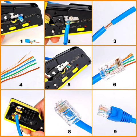 Step-by-step crimping process using All In One Pass Through RJ45 Crimp Tool Kit With Network Cable Tester For Cat5-Cat7 cables.