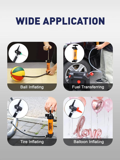 Collage showcasing uses of Manual Gasoline Transfer Siphon Pump With Shark Bite Connection: ball, tire, fuel, and balloon inflating.