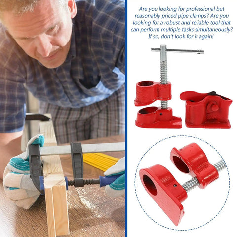 Lightweight Three Quarters Inch Pipe Clamp For Woodworking And Carpentry DIY Ready Pro Grade Adjustable Steel Pipe Clamp Fixture With Rubber Coated Pipe Ideal For Water Pipe Repair And Secure Workholding shown clamping wood with red components.