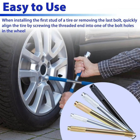 Man using 10 Piece Pro DIY Wheel Alignment Tool Kit With Steel Alloy Lug Bolt Mounting And Stud Pin Set on car wheel