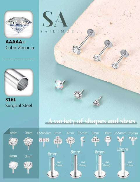 Assorted surgical steel cubic zirconia nose studs in multiple shapes and sizes, displayed on a textured surface.