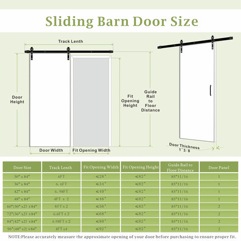 36 By 84 Inch Sliding Barn Door MDF With Waterproof Surface DIY Assembly Ready Pre Drilled Slab With Installation Hardware Kit Black Finish Durable Home Interior Room Door size chart with measurements and diagram.