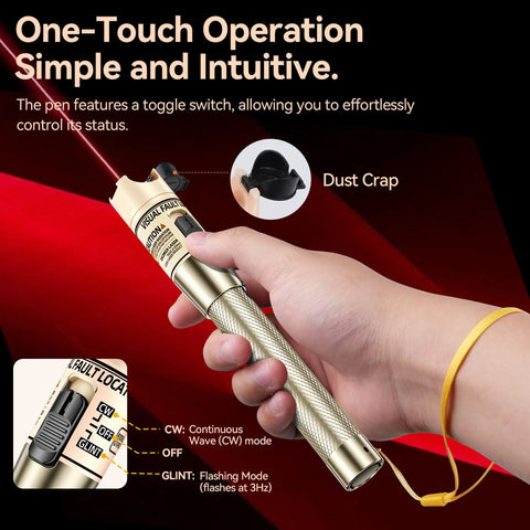 RAINLEOTI Visual Fault Locator Kit front view: gold metal tester pen with 2.5mm connector, red light, yellow wrist lanyard