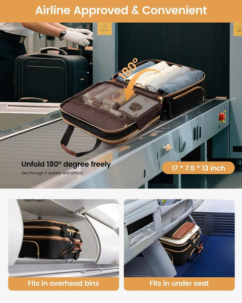 Rolling Laptop Bag For Women With Wheels 17.3 Inch Laptop Briefcase shown on airport conveyor with 180 degree opening, fits overhead
