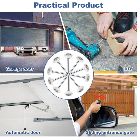 Collage showing uses of 10 Pack Nylon Garage Door Rollers With Sealed 1.8 Inch Stem And 4.7 Inch Pulley Wheels in various settings.