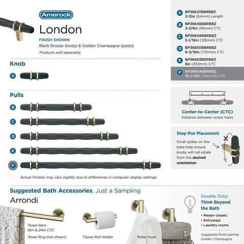 Contemporary Cabinet Pull In Black Bronze And Golden Champagne Finish With Twelve And One Half Inch Overall Length And Ten And One Sixteenth Inch Center To Center Mounting Holes London Style Drawer Pull specifications and accessories.