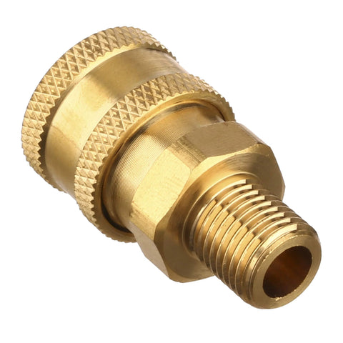 Brass pressure washer quick-connect coupler, female NPT socket to male thread, 1/4 in, knurled grip