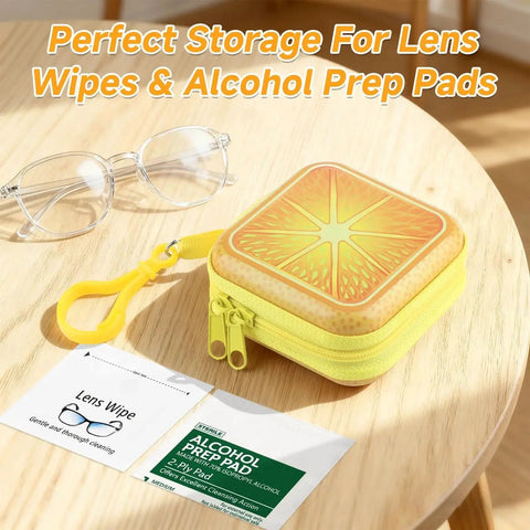 Two Pack Portable Lens Wipes Tin Case For Eyeglasses Cleaning And Storage with lens wipes, prep pads, glasses on table