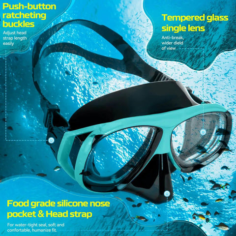Myopia Friendly Dry Snorkel Gear With Detachable Camera Mount, Anti Fog Mask And Dry Top Snorkel, Royal Blue Minus Four Diopter Lens