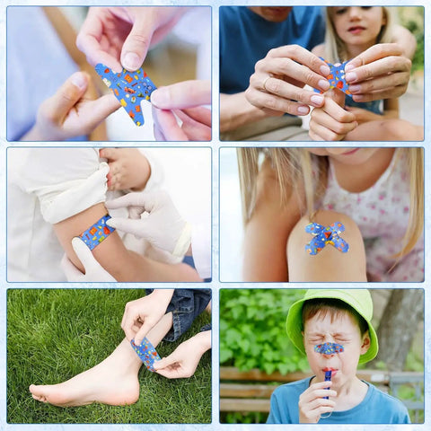 Grab And Go Travel First Aid Kit For Kids And Adults, 143-Piece shown with colorful bandages on children in various scenarios.