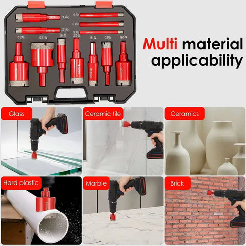 Front view of Pro Grade Seventeen-Piece Diamond Hole Saw Set for Ceramic Glass Tile Marble and Granite, showcasing multi-material use.