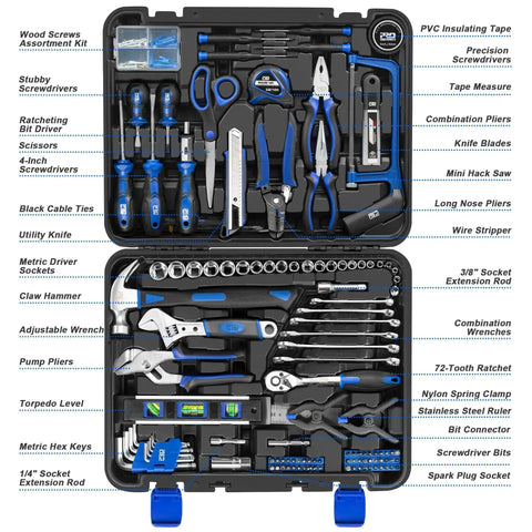 Open 259-Piece General Household Tool Kit Set With Plastic Storage Toolbox, showcasing a variety of durable chrome vanadium hand tools.