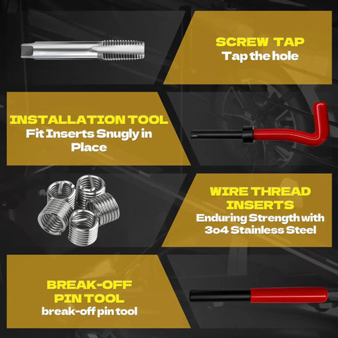 322-Piece Pro Grade Helicoil Thread Repair Kit with Metric M5 to M12 and SAE tools including drill bits, taps, and thread inserts.