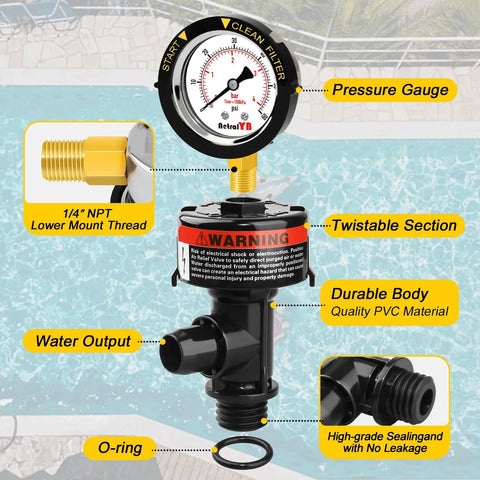 AetralYB manual pool filter air relief valve with pressure gauge, PVC body, 1/4-in NPT lower mount, water output