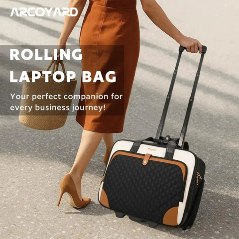 Woman pulling Rolling Laptop Bag For Women On The Go With Waterproof Pocket 16 Inch Computer Case And Underseat Carry On Luggage Arcoyard.