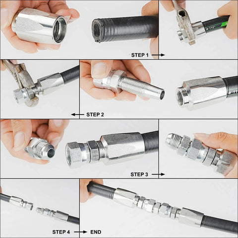 Step-by-step guide using Two Pack Three Eighths Inch Reusable Hydraulic Fittings for Three Eighths Inch Inner Diameter Single Wire Hydraulic Hose Repair Kit.