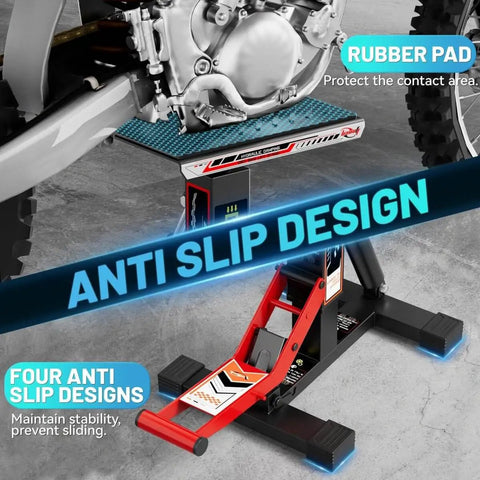 Beefy Dirt Bike Stand With 1000 Lb Hydraulic Lift Jack Hoist Table supporting a dirt bike, highlighting anti-slip design and rubber pad features.