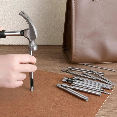 Using Leather Hole Punch Kit 0.5-7mm 17-Piece Round Hollow Punch Set for crafting with leather.