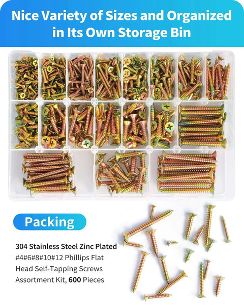 600 Piece Stainless Steel Wood Screws Kit With Zinc Plated Finish shown in organized storage bin, various sizes visible