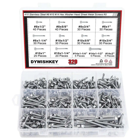 320 Piece 410 Stainless Steel Hex Washer Head Self Drilling Sheet Metal Screws Assortment Kit open box view