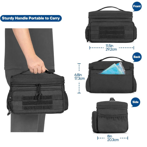 Durable 600D Nylon First Aid Kit Bag with quick access, top mesh pockets, and three inner pouches, shown from all angles.