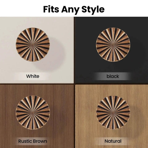 Antique Brass Cabinet Knobs Set 1.4 Inch displayed on white, black, rustic brown, and natural surfaces showing versatility