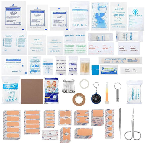 330 Piece First Aid Kit Premium Waterproof Compact Trauma Medical Kit laid out showing various medical supplies and tools.