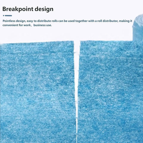 Close-up of heavy duty blue towels jumbo roll with 500 industrial strength wipes showing breakpoint design for easy tearing.