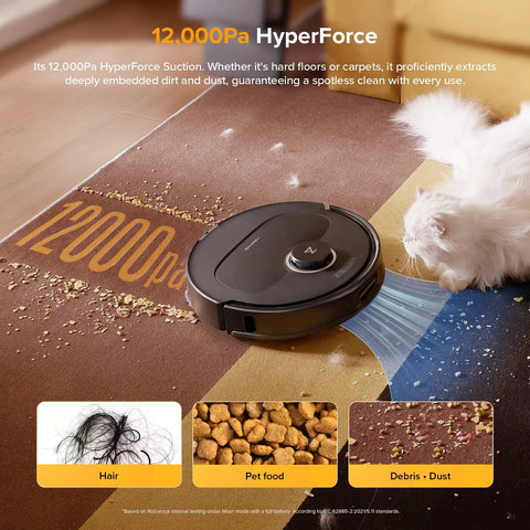 roborock Qrevo S5V robot vacuum and mop, black circular unit on floor with edge-mopping, beside a white cat.