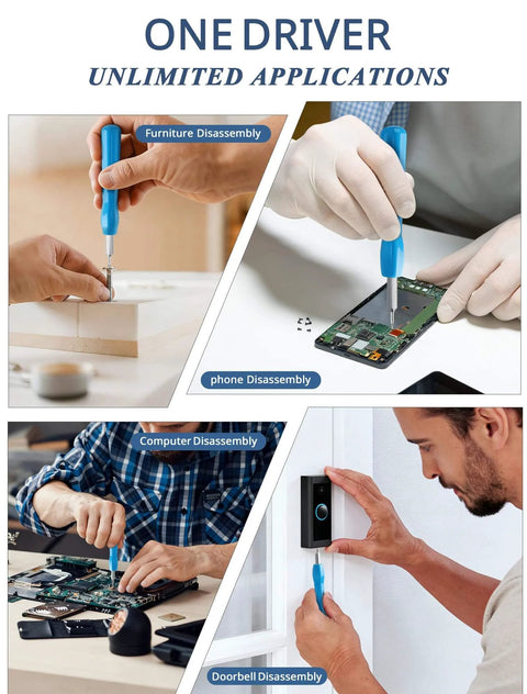 One Driver showing All In One Doorbell Screwdriver Replacement Kit With Double Ended Torx T6 T15 And 20 Security Screws For Battery Change And WiFi Password Reset Fits All Video Doorbell Models Easy Install And Secure Removal in use for furniture, phone, computer, and doorbell disassembly applications.