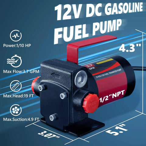 12V DC Gasoline Fuel Transfer Pump Kit With Self Priming And Reversible Pumping For Gasoline Diesel Mineral Oil And Kerosene.