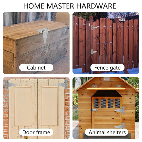 6-inch stainless steel gate hinge on wooden cabinet; Home Master Hardware, front view
6-inch stainless steel gate hinge on wooden fence gate, side view
6-inch stainless steel gate hinge on weathered door frame, close-up
6-inch stainless steel gate hinge on wooden animal shelter door, installed view