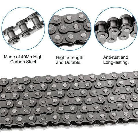 Close-up of 35 Roller Chain 10 Feet 320 Links with Chain Breaker and 5 Connecting Links showing high carbon steel durability.