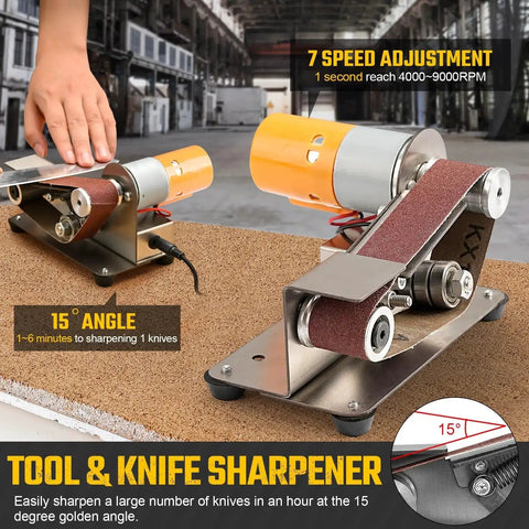 3 In 1 Mini Belt Sander With Knife Sharpener And Electric Bench Grinder for Metal and Wood DIY Handcraft Beast Mode Power displayed on a bench