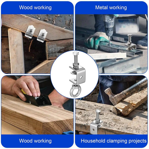 Four scenes using Six Pack Stainless Steel C Clamps With 4.72 Inch Beam Depth And M8 Screw Ring for woodworking and metalworking.