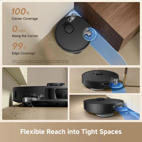 Robot vacuum DREAME L40 Ultra Gen 2 in black, top and side views with mop module and blue cleaning path