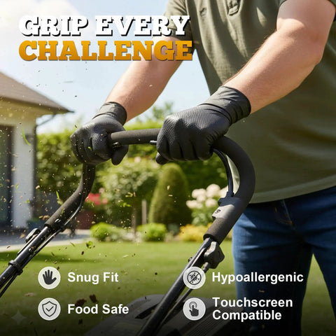 Person wearing Heavy Duty Black Nitrile Gloves 8 Mil Diamond Texture Powder Free Food Safe 1000 while using a lawnmower.