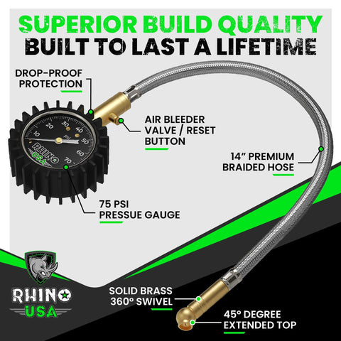 Rhino USA tire pressure gauge with 75 PSI dial, 14-inch braided hose, solid brass hardware, glow dial
