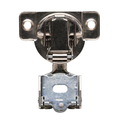 Front view of soft close cabinet hinge for 1/2 inch overlay, 108 degree opening, wrap-around mount, Grass TEC 864 compatible