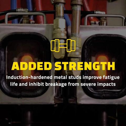 Induction-hardened metal studs in equipment improving strength and durability against impacts, with graphic overlay text