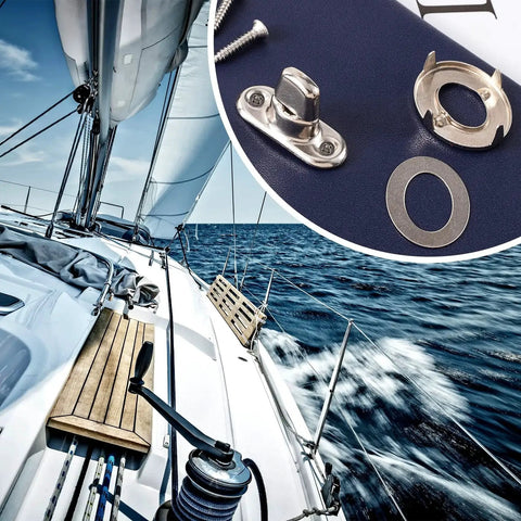 Marine Grade Twist Lock Fasteners Set for Boats Mxxipp 15 Piece Kit shown on sailboat with insert of eyelets and screws close-up