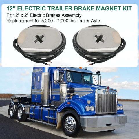 Front view: Pair of 12-inch electric trailer brake magnets with wiring for 12x2 brakes (5,200–7,000 lb axles)