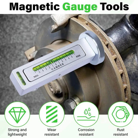 Universal Wheel Alignment Tool With Magnetic Camber Gauge installed on brake rotor of vehicle