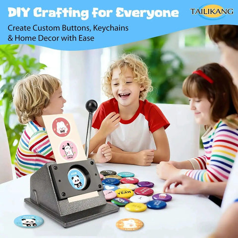 Children crafting buttons with Heavy Duty 70mm Circle Punch for DIY Badges and Scrapbooking, creating custom designs.