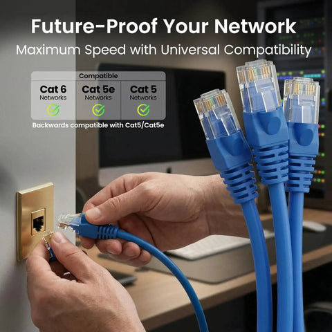 Hands plugging Cat6 Ethernet Patch Cables 10 Ft Blue 10 Pack into wall socket for home office networking