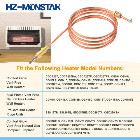 HZ-MONSTAR 2-pack gas heater thermocouples, copper tube, 39.5-inch length, M8x1 thread for Desa vent-free wall heaters