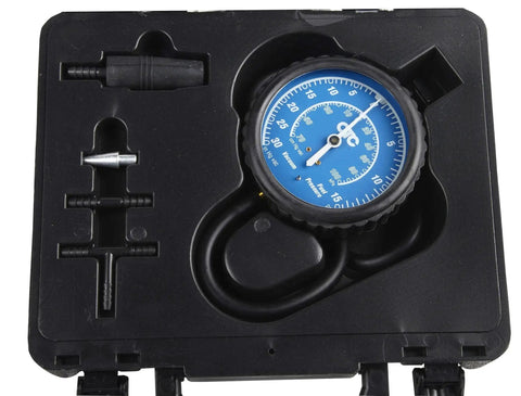 Vacuum And Pressure Gauge Kit For Low Pressure Fuel Systems Diagnostics with 3-1/2 inch gauge and adapters in carrying case.
